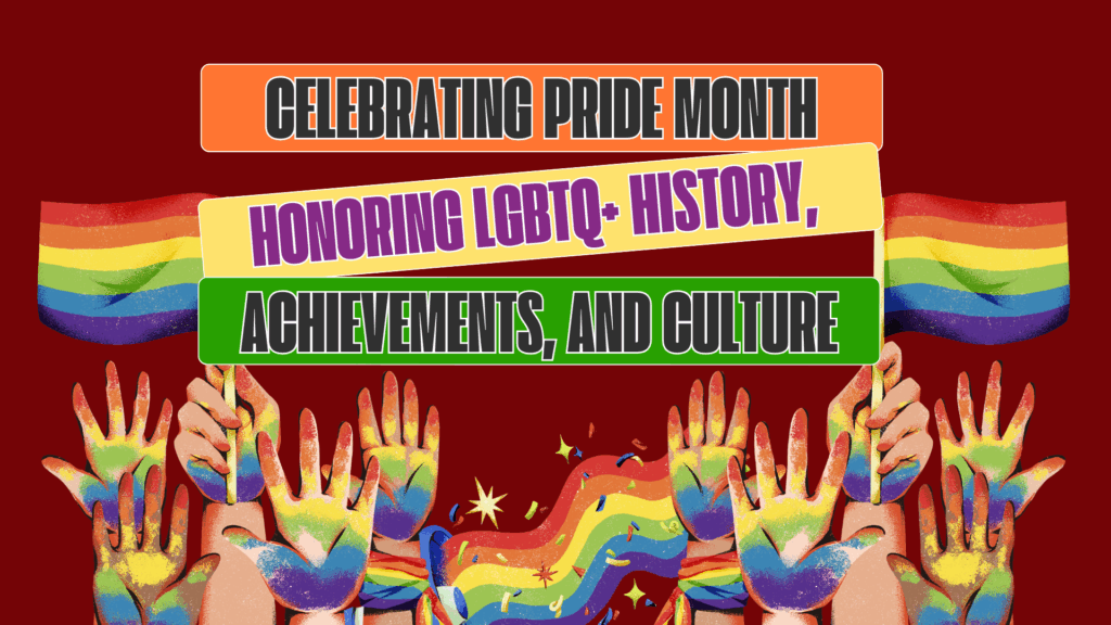 Maroon background. Three banners displaying the words Celebrating Pride Moth, Honoring LGBTQ-History, Achievements, and Culture above raised hands covered with rainbows