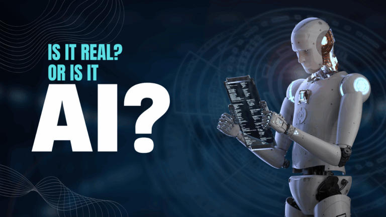 Black/blue background with robot reading a tablet. Text reads IS IT REAL? OR IS IT AI?