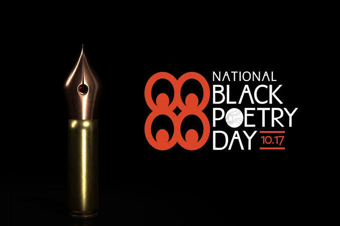 Black Background, brass fountain pen tip on left. Logo with words National Black Poetry Day on right